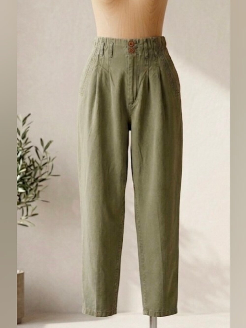 Vintage High Waist Pleated Tapered Chino Pants Cotton Olive Green 10 2/4 Modern